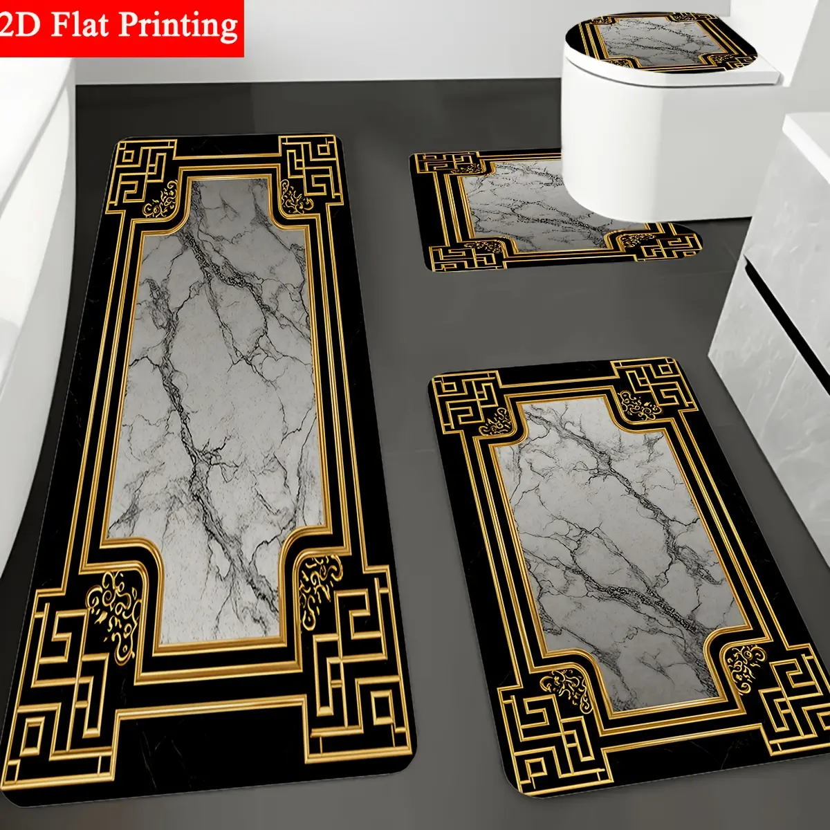 3/4pcs 2D Flat Printing Modern Golden Striped Border Gray Marble Pattern Printed Bathroom Protective Mat,Purchase Non Slip Bathroom Mats with Flannel Bathroom Mats,Bathroom Floor Mats,Soft and Comfortable,Bathroom Decoration