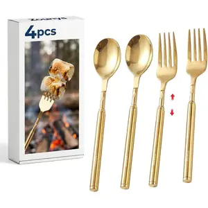 4 count Expandable Fork and Extendable Spoon Kit, Telescopic Stainless Steel Long Spoons for Eating 8.07 to 24.8 inch and 8.6 to 25.4 inch Long Forks for BBQ, Dinner, Fruit (Golden)