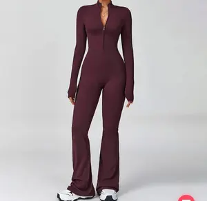 MAROON YOGA JUMPSUIT Ultra Soft Half Zipper Long Sleeve Flared Pants Snug Fit Breathable Fabric Tall Friendly Normal Fit