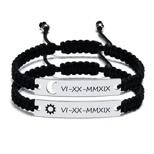 Stainless Steel Bracelet Couple Style Curved Tag Moon Hollow Woven Adjustable Curved Tag Woven Bracelet Set
