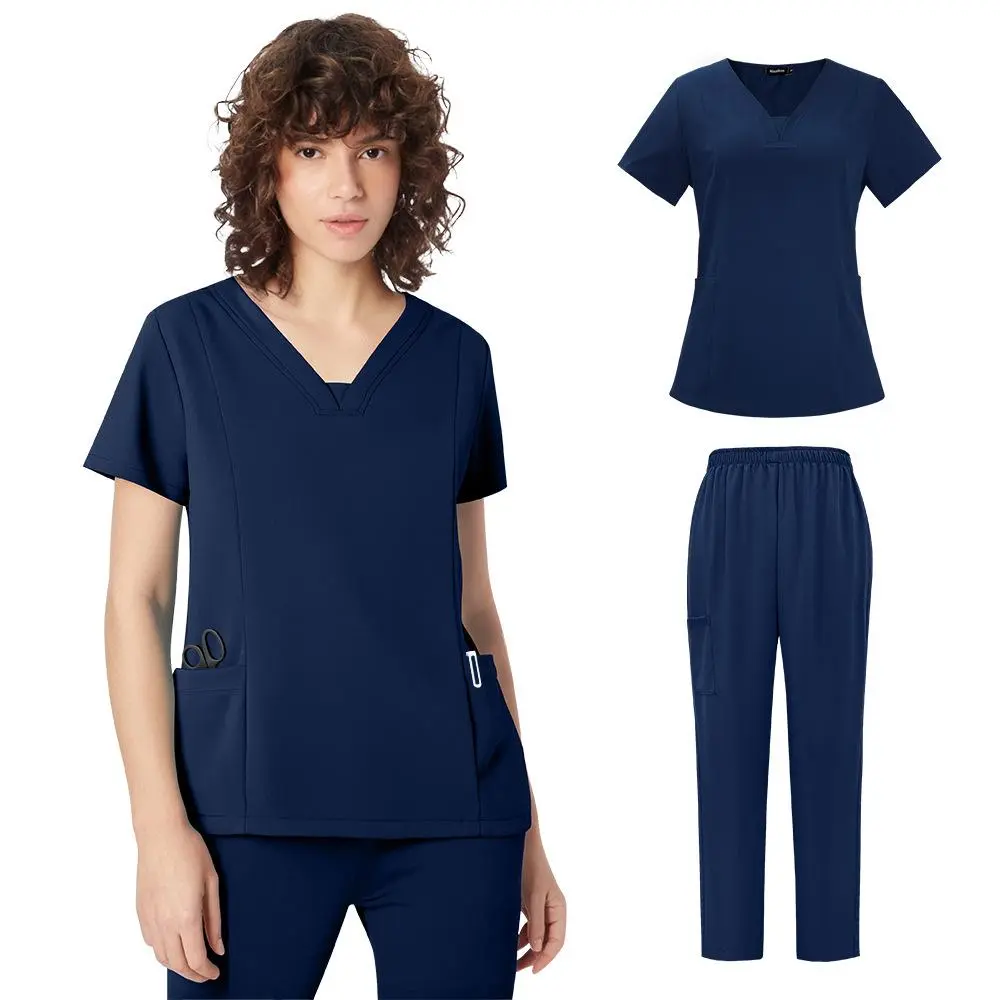 FUSHUAIGE Surgical Set Women: Pet Hospital Scrub Uniforms Suits Pocket V-neck Unisex Solid Color Surgical Gown Jogger Suits Wholesale Price