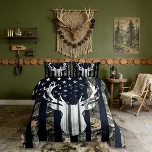 Wild Deer Antler Comforter Set,Deer Animal Rustic Green Camouflage Bedding Comforter Boys Man,Western Farmhouse Camo Hunting Stars Stripes American