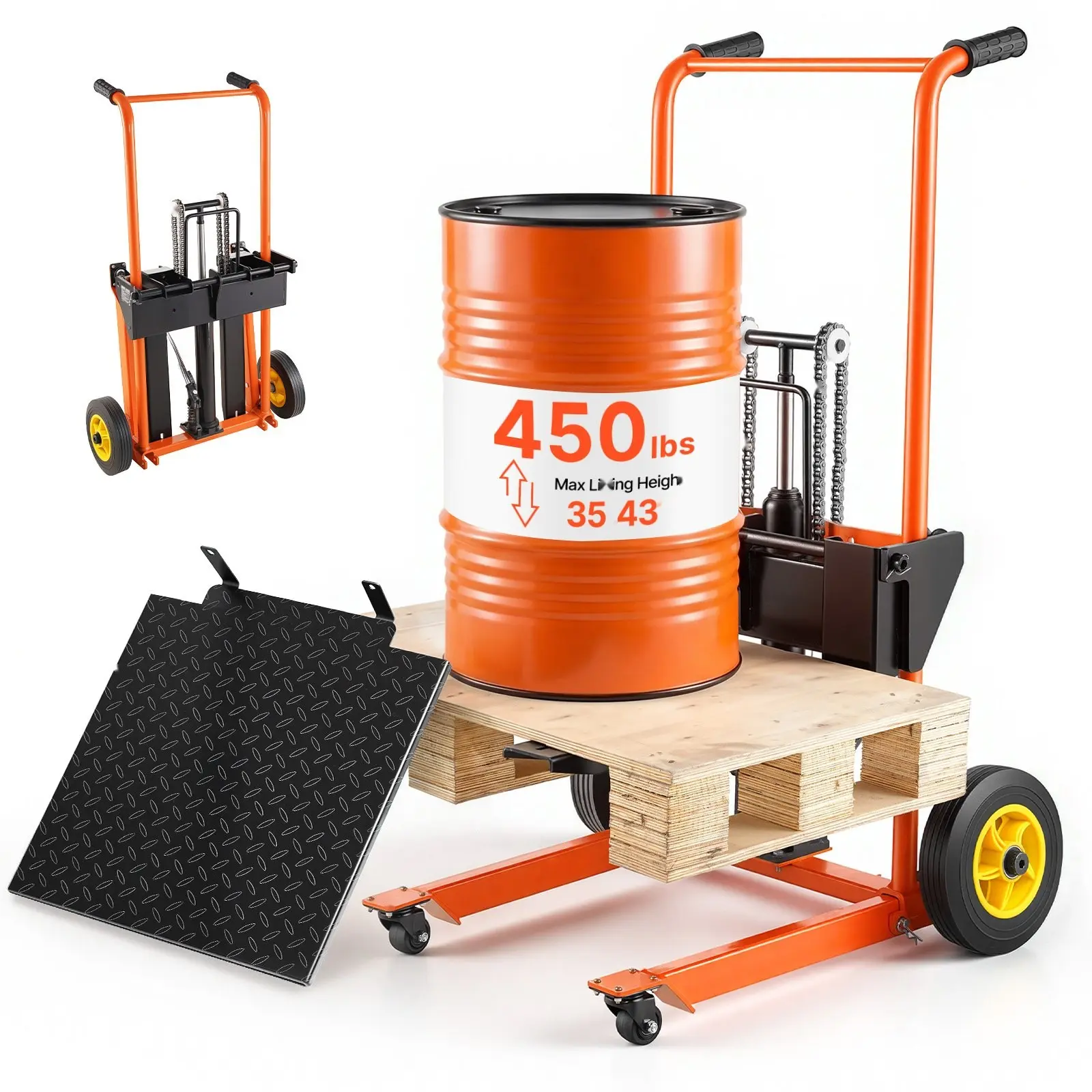 Hydraulic Material Lift Winch Stacker With 450 Lb Load Capacity, Pallet Truck Dolly With Fork Lift Table, 35.4 Inch Maximum Lifting Height, Foldable And Portable Pallet Jack Table Cart For Shop Warehouse Use, Orange And Black