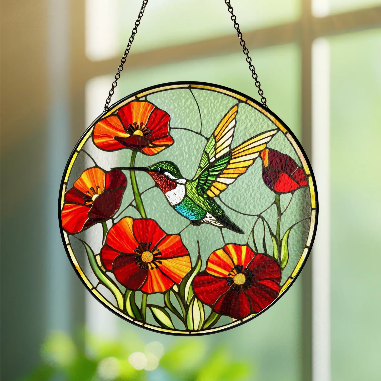Stained Glass Hummingbird Ornament - Nature-Infused Red Flowers, Green Leaves Sun Catcher, Hangable Home Decoration, Black Friday/Chinese New Year Gift for Animal-Loving Bird Enthusiasts, Animals, Valentines Day