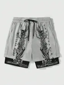 Street Style Shorts, Breathable Mesh Fabric, Japanese Skull Tree Print, Adjustable Drawstring Waist, Summer & Gym Wear