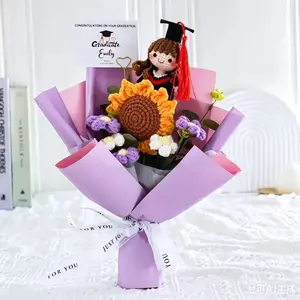 Unisex Handmade Crochet Graduation Bouquet - Pre-Wrapped Everlasting Knitted Sunflower Keepsake with Grad Cap Doll, Ready-To-Gift Party Gift for High School Grads, Graduation Bouquets