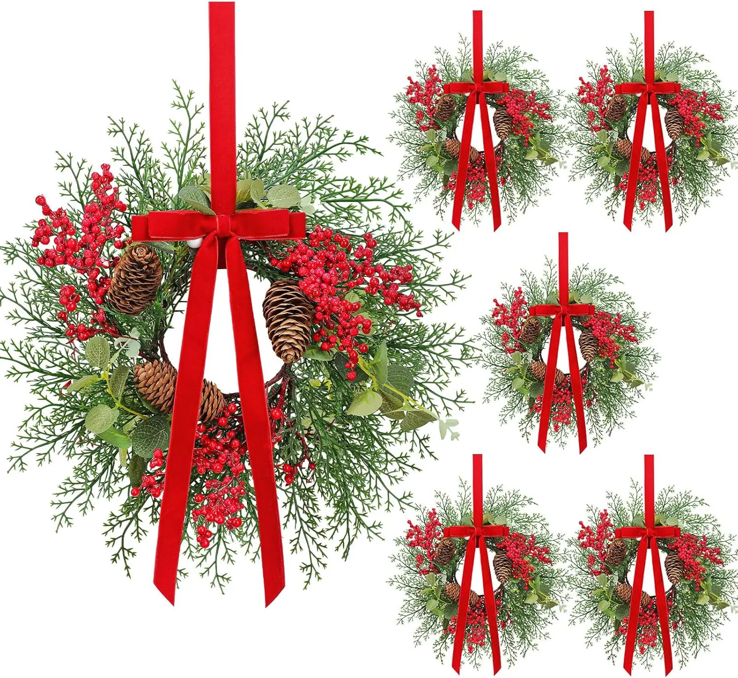 Set of 6 Mini Christmas Wreaths (10”) – Vintage Berry Wreaths with Red Bows for Kitchen Cabinet Doors, Windows, Chairs, Fireplace, Stairs & Candle Decor Janinka
