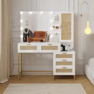 Modern Vanity Makeup Desk with Vanity Mirror, Built‑in Lights, 5 Drawers, Power Outlet Bedroom – White & Gold