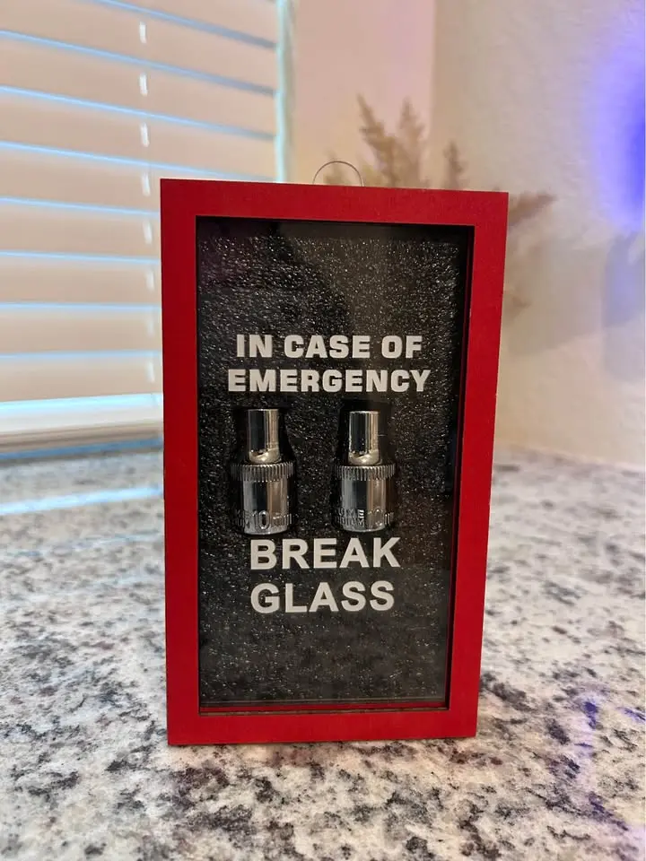 Handmade "In Case of Emergency Break Glass" 10mm Socket Box with 2 Real Sockets Red Frame for Garage Toolbox or Funny Gift for Mechanics Dads Husbands Car Guys