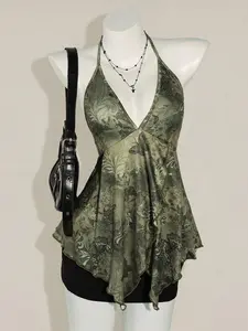 Valentine Women's Vintage Backless Butterfly Print Spaghetti Strap Camisole