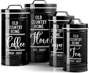 4 Pcs Canisters Sets for the Kitchen Countertop Airtight Flour and Sugar Containers Tea Coffee Storage Leak Proof Lids Black
