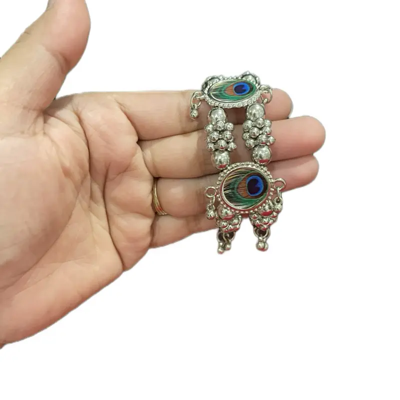 Women's Oxidized Metal Bangles Bracelets Set - Traditional Indian Peacock Eyes Bejeweled Beads, Elegant Classic Modern Costume Jewelry, Versatile Female Fashion Accessory, Versatile Wear