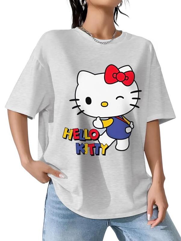 Hello Kitty Street Art Tee - Walking Masterpiece Design in White Color with Colorful Text and Red Bow