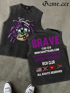 1 PCS GAME.ACE Retro Washed Black Sleeveless Tank Top, Front Purple Dreadlocks Cartoon Print + Back "BRAVE" Streetwear Graphic, Hip-Hop Streetwear Style, 100% Cotton Unisex Oversized Vest, Casual Daily Wear, Great Gift for Streetwear Fans