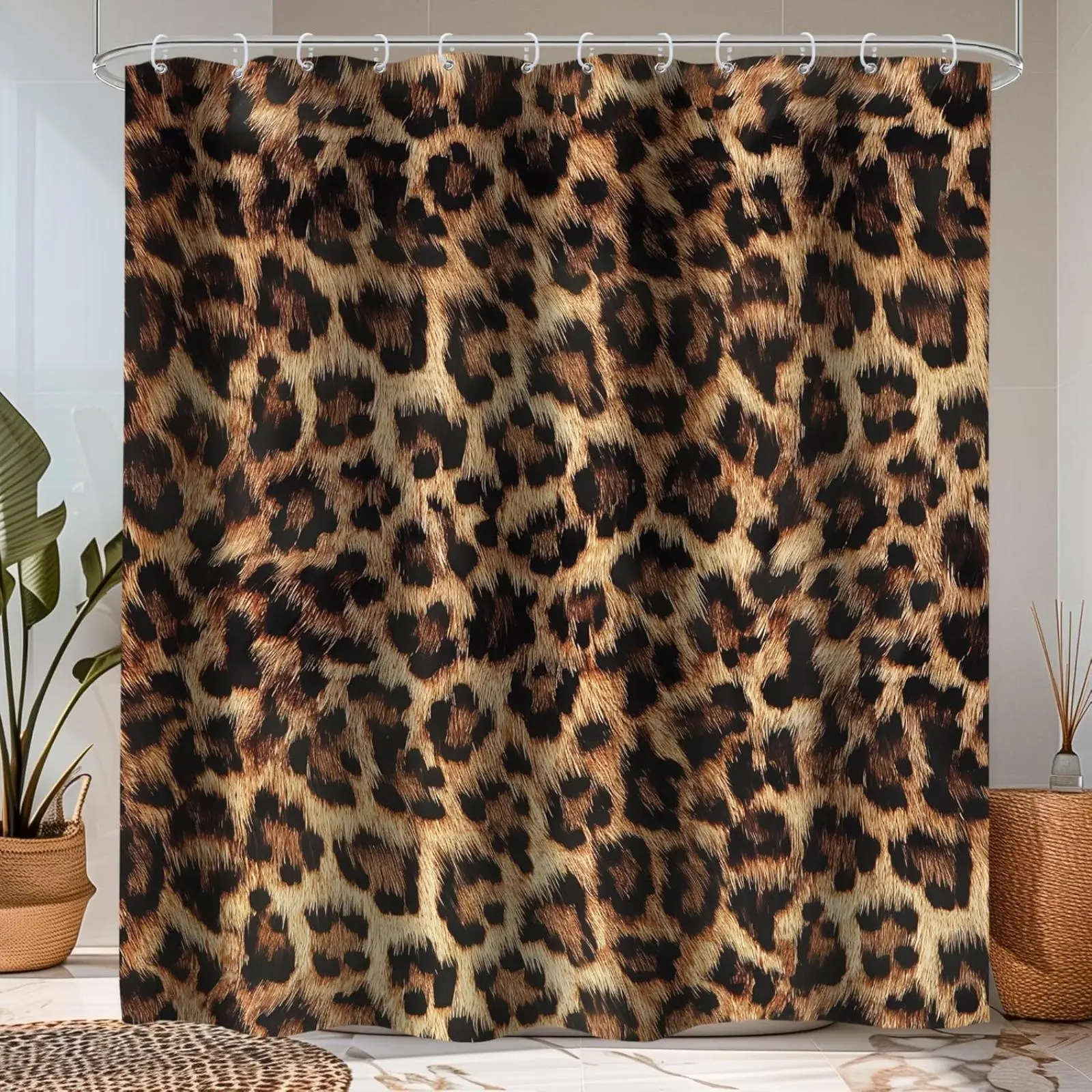 Leopard Print Polyester Pre-Made Shower Curtain - Multi-Color Wild Safari Skin Pattern, Black Brown Cheetah Panthera Fur, Waterproof, Quick-Drying, Machine-Washable Modern Bathroom Home Decor with Hooks, Ideal Gift, Pre-Made Shower Curtains