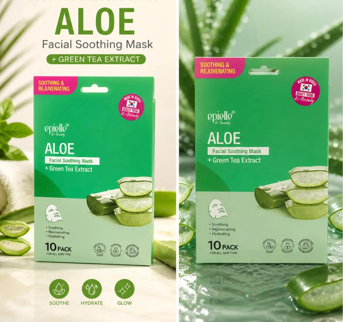 Aloe Vera Facial Sheet Mask 10 Pack – Soothing & Hydrating + Green Tea Extract (K-Beauty)