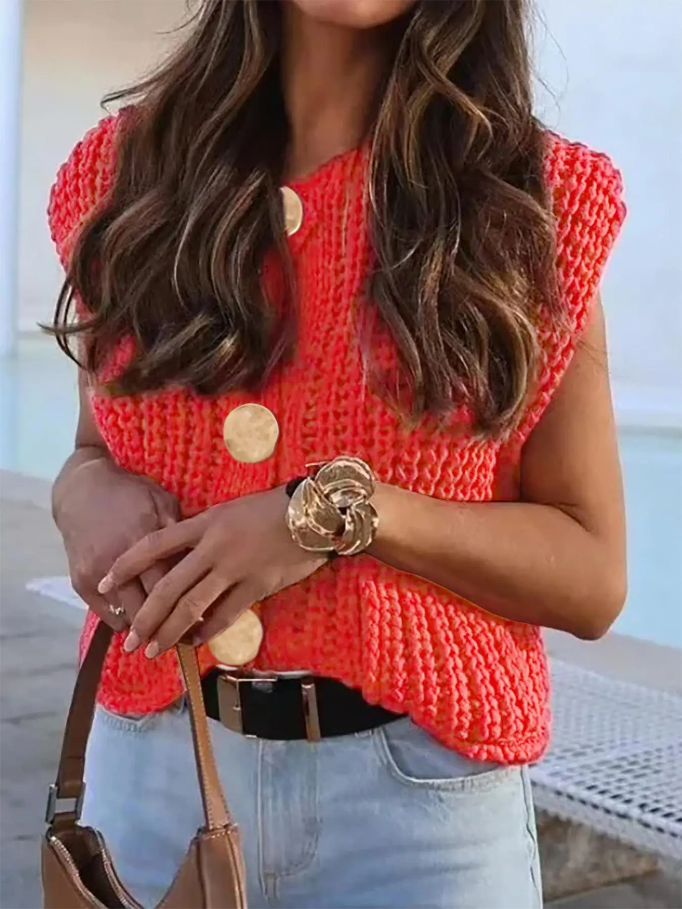 Women's Plain Button Front Pocket Sweater Vest, Casual Sleeveless Round Neck Knitwear for Spring, Fashion Women's Knit Clothing for Daily Wear