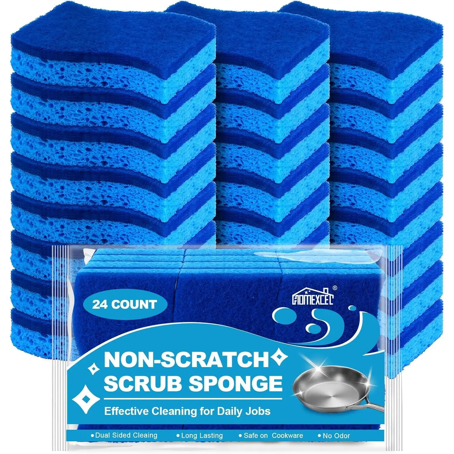 Sponges Kitchen 24pcs Non-Scratch for Dishes, Blue Scrub Cleaning Sponge for Non-Coated Cookware, Dishes, Pots, Pans, Dual Sided Dish Sponge for Kitchen, Household, Bathroom
