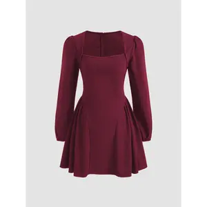 Cider [2 colors, size 0-26] Square Neck Solid Pleated Ruffle Zipper Mini Dress