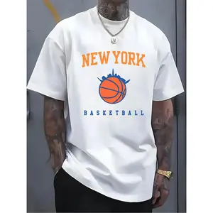 1pc Men's New York Basketball Graphic T-Shirt- 100% Cotton Breathable Lightweight Regular Fit Tee with Vibrant Orange Blue Skyline Print, Casual Short Sleeve for Sports Outdoor Summer Wear, Perfect Gift for Basketball Fans, Breathable Sports Shirt S-DK.X