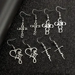 3 Pairs of Stainless Steel Faith-based Love and Faith Words faith Letters AmazingGrace GOD Place of worship Prayer Religious Charm Earrings Set
