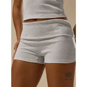 Womens Rib Fold Over Waist Mini Shorts – Y2K Skinny Summer Lounge Shorts