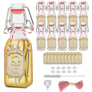 10 Pack Swing Top Glass Vanilla Extract Bottles 4 oz with , Vanilla Labels & Funnel, Boston Square Bottles for Homemade Syrup, DIY Gifts, Flip Top Jars for Extract