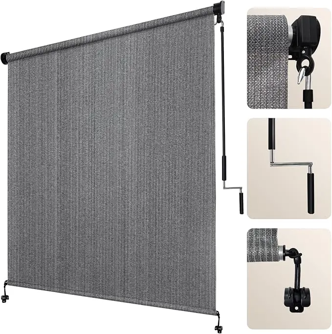 InCustom 8'W x 8'H Outdoor Roller Shade, 90% UV Protection HDPE Exterior   Cordless Wand-Operated   Roll Up Blind, Privacy Sun Shade Cloth for Patio, Pergola, Backyard