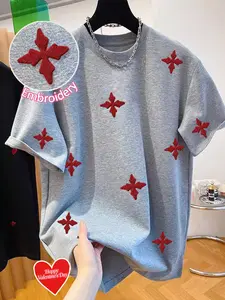 Unisex Street Style Loose Short Embroidered Cross Graphic Tee, Perfect Valentine's Gift for Couples, Casual Streetwear for All Seasons