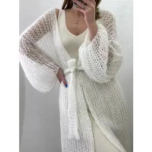 Knitted Open Stitch Cardigan Sweater for Women Autumn Winter Solid Fashion Front Pocket Long Sweater Coat Loose