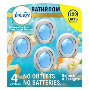 Febreze Bathroom Air Freshener, Odor-Fighting, Plug In Alternative, Air Fresheners for Small Spaces in Home, Bathroom, Kitchen, & Closet, Pet & Litter Box Odor Fighter, Refresh & Energize Scent, 4ct
