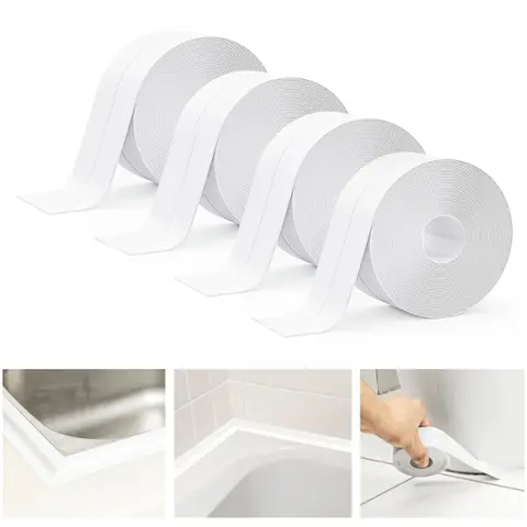 Caulking Tape - 4-Roll Value Pack White Waterproof Peel-and-Stick Extra-Strong Sealant Tape with Sealing Tool, Self-Sealing Adhesive Floor & Wall Edge Protector for Kitchens/Bathrooms, Quick Install for DIY Enthusiasts