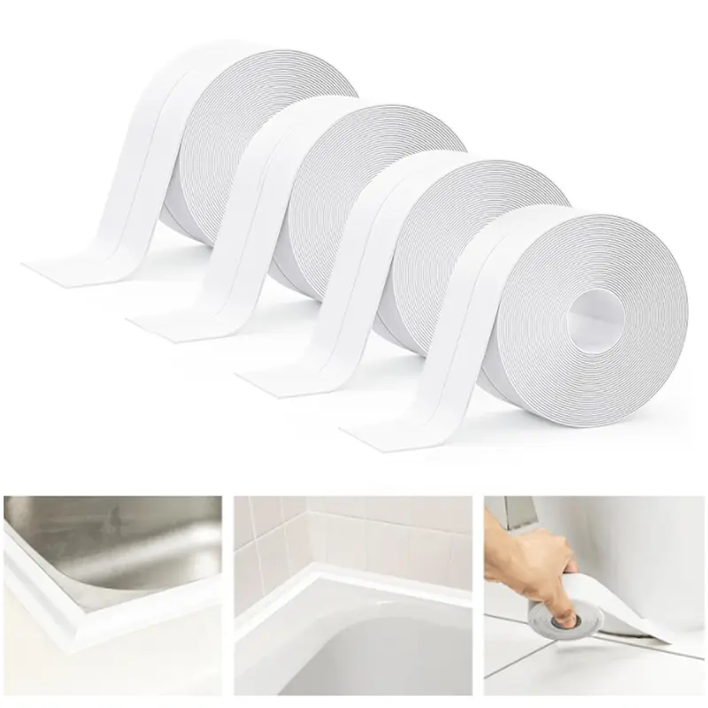 Caulking Tape - 4-Roll Value Pack White Waterproof Peel-and-Stick Extra-Strong Sealant Tape with Sealing Tool, Self-Sealing Adhesive Floor & Wall Edge Protector for Kitchens/Bathrooms, Quick Install for DIY Enthusiasts