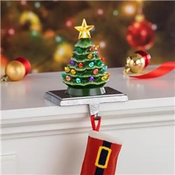 Vintage Green 6-in. Porcelain Star LED Hanger Christmas Stocking Holder with Multicolor Bulbs, LED Lit Top, Hanging Loop, Dry Battery Power, Indoor Tree Holiday Decor Supplies (Pack of 6)