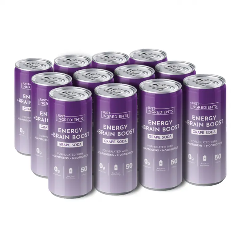 Just Ingredients Grape Energy + Brain Boost - 12 Pack - Caffeine from Organic Green Tea - Adaptogens & Nootropics - 12 oz Cans - Flavored with Real Fruit - No Added Sugar - BPA-Free Cans