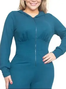 Plus Size Long Sleeve Zip Front Midi Shorts Romper With Hoodie Comfortable Womenswear