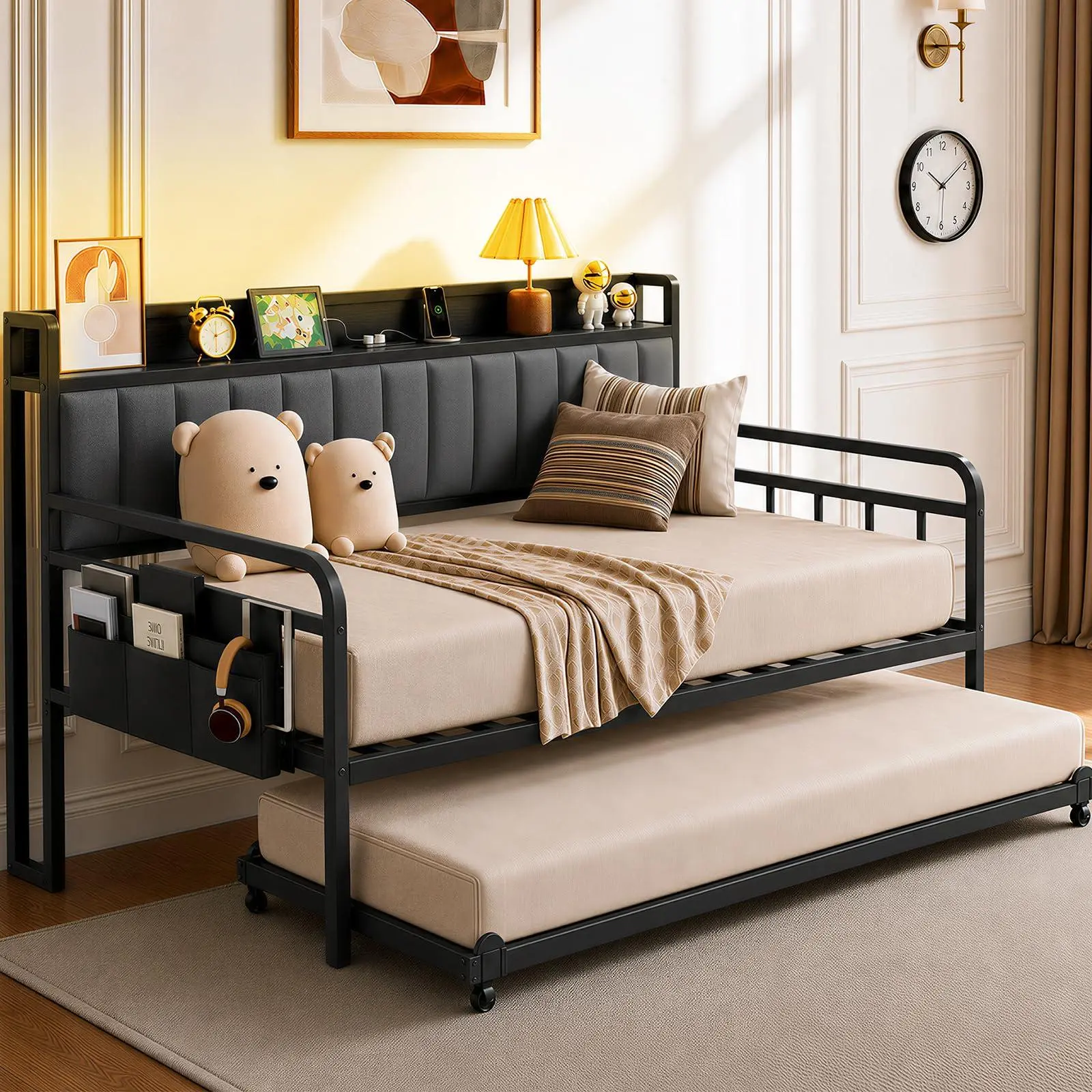 GAOMON Twin Daybed with Trundle and LED Light, Metal Twin Bed Frame, Black Upholstered Storage Headboard & Charging Station, Sofa Day Bed Trundle Bed Twin Size for Living Room, Bedroom and Guest Room