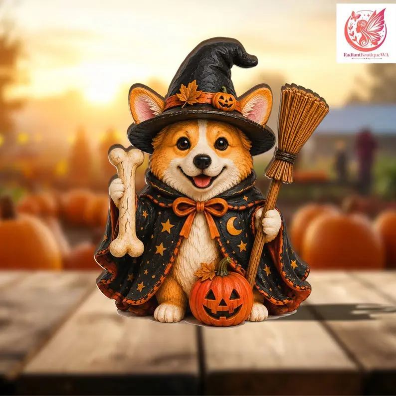 Corgi Witch Halloween Wooden Block, Spooky Dog Decor, Pumpkin Puppy Figurine