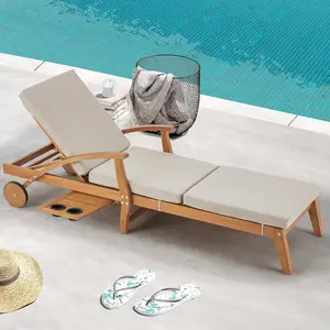 Wood Chaise Lounge Chair Outdoor, Hotel Villa Beach Balcony Lounger Outdoor Leisure Pool LoungerPatio Chaise Lounger Recliner with Slide-Out Side Table, Adjustable Backrest, Wheels, Foam-Padded Cushion for Backyard, Garden, Poolside (Beige)