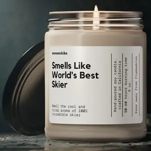 Smells Like World's Best Skier Soy Wax Candle - 50-60 Hours Burn Time, 100% Cotton Wick, Eco-Friendly Vegan Formula, Reusable Glass Jar, 9 Scent Options