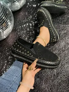 Women's Height Increasing Rivet Rhinestone Decor Round Toe Thick Sole Punk Style Streetwear Loafers for All Seasons Footwear Walking Shoes