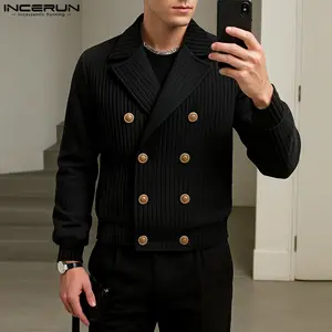 INCERUN Men's Autumn/Winter Ribbed Knit Double-Breasted Cropped Jacket for Casual Fashion, Urban Daily Wear, Individual Gatherings, Retro Trends, and Business Casual