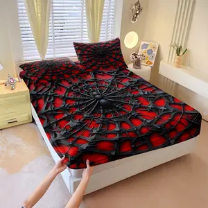 3Pcs Gothic Spider Web Fitted Sheet Set, Intricate Black Spider and Striking Red Background Design, Textured and Glossy Fabric, Perfect for Dark-Themed Bedroom Makeover Decor. Includes 2 Pillowcases, No Pillow Core
