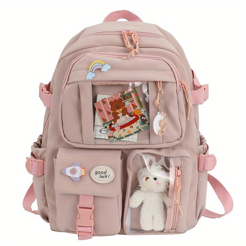 Kawaii backpack with pinned accessories plush pendant, cute aesthetic school backpack, women's large capacity laptop backpack