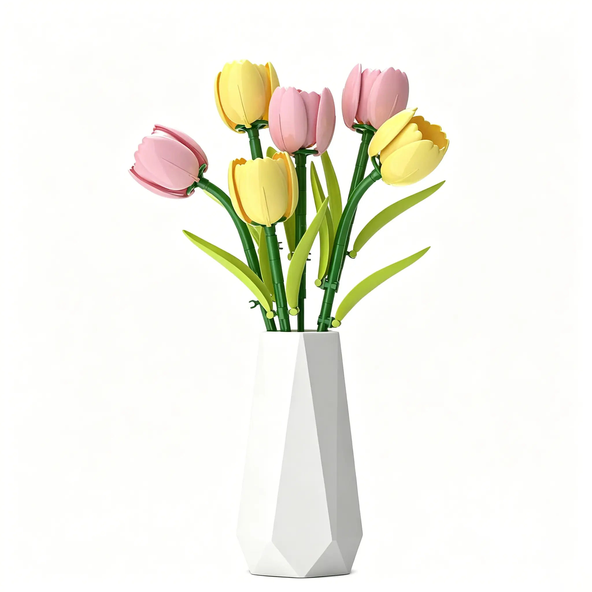 Pink Yellow Tulip Building Blocks Bouquet Set, Artificial Flowers with Vase, Decorative Brick Toy, Room Bouquet Arrangement, Home Table Desktop Ornament, Ideal Valentine Birthday Gift for Ladies