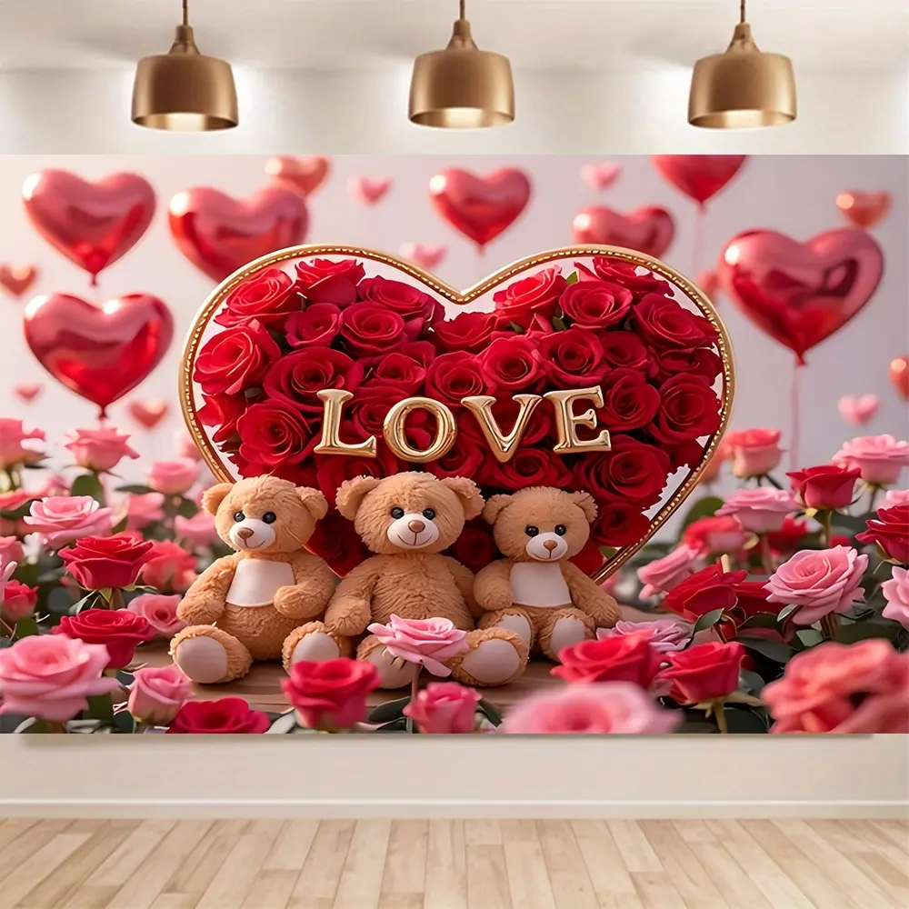 Romantic Valentine's Day Background Banner Decoration, Extra-Large Photography Backdrop, Heart-Shaped Flower Wall Decor for Weddings & Parties