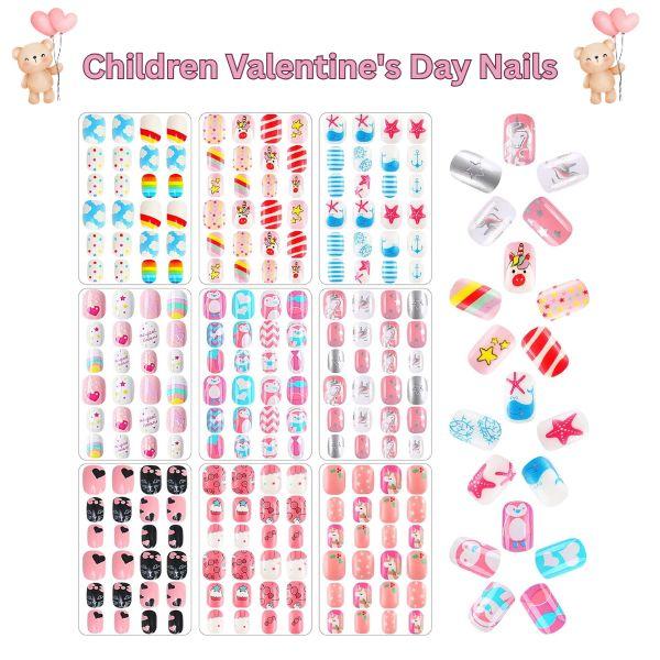 216Pcs 9 Pack Press on Nails Grils Kids Full Cover Short False Stick on Nail Tips for Kids Nail Art Decoration Christmas Birthday Valentine's Party Favors Gift(Lovely Style)