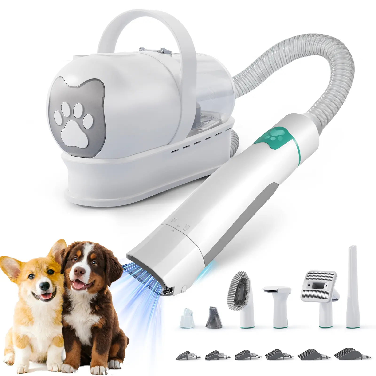 Pet Grooming Vacuum Kit, 7-in-1 Dog Trimmer Set with Paw Hair Trimmer, Nail Polisher, Nozzle Brush & 6 Clipping Combs