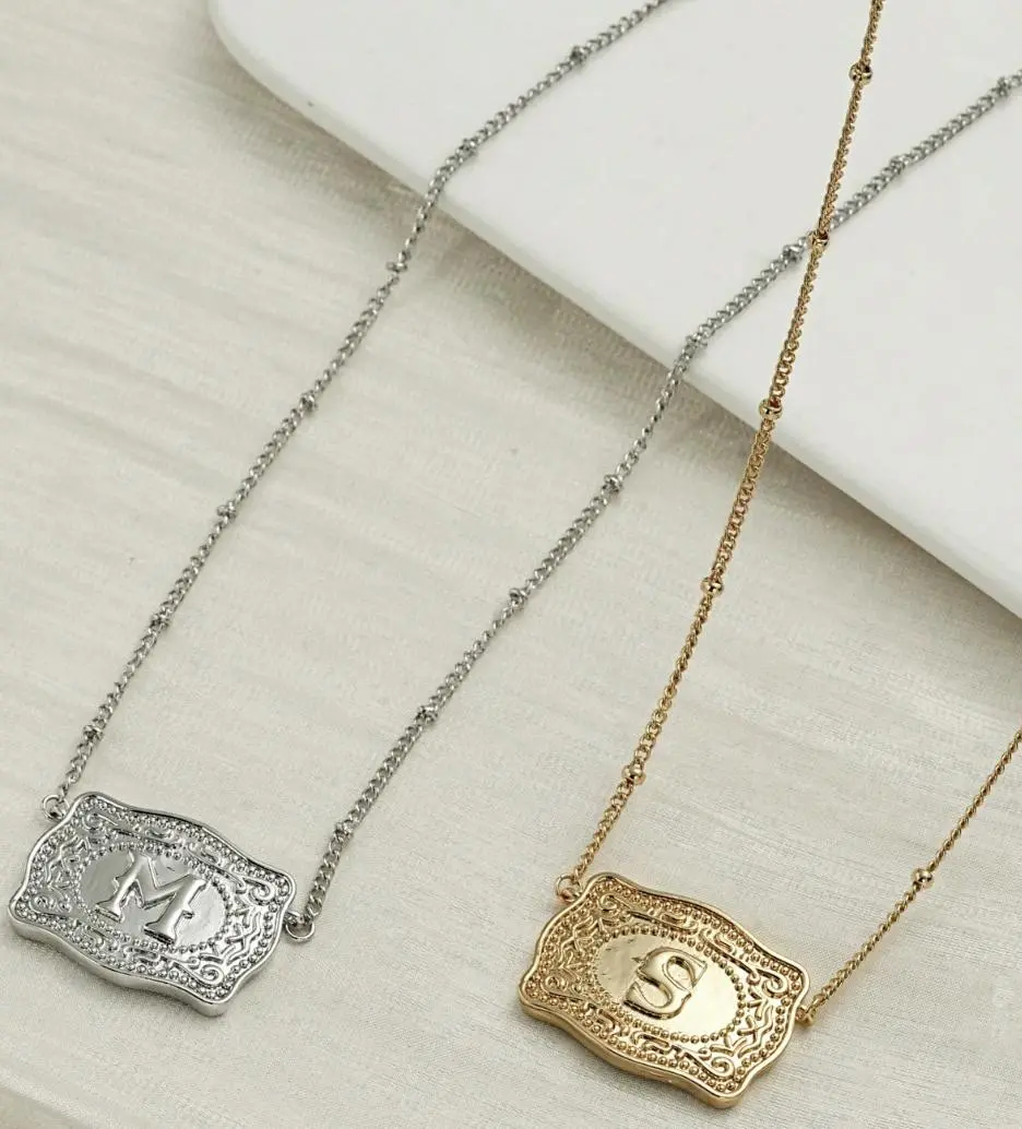 ZZHS Western Initial Buckle Necklace - Approx 18" Chain with 1.5" x 1" Pendant, Lead & Nickel Compliant, Lobster Claw Closure  Jewelry   Jewelry Exquisite Jewelry Gift