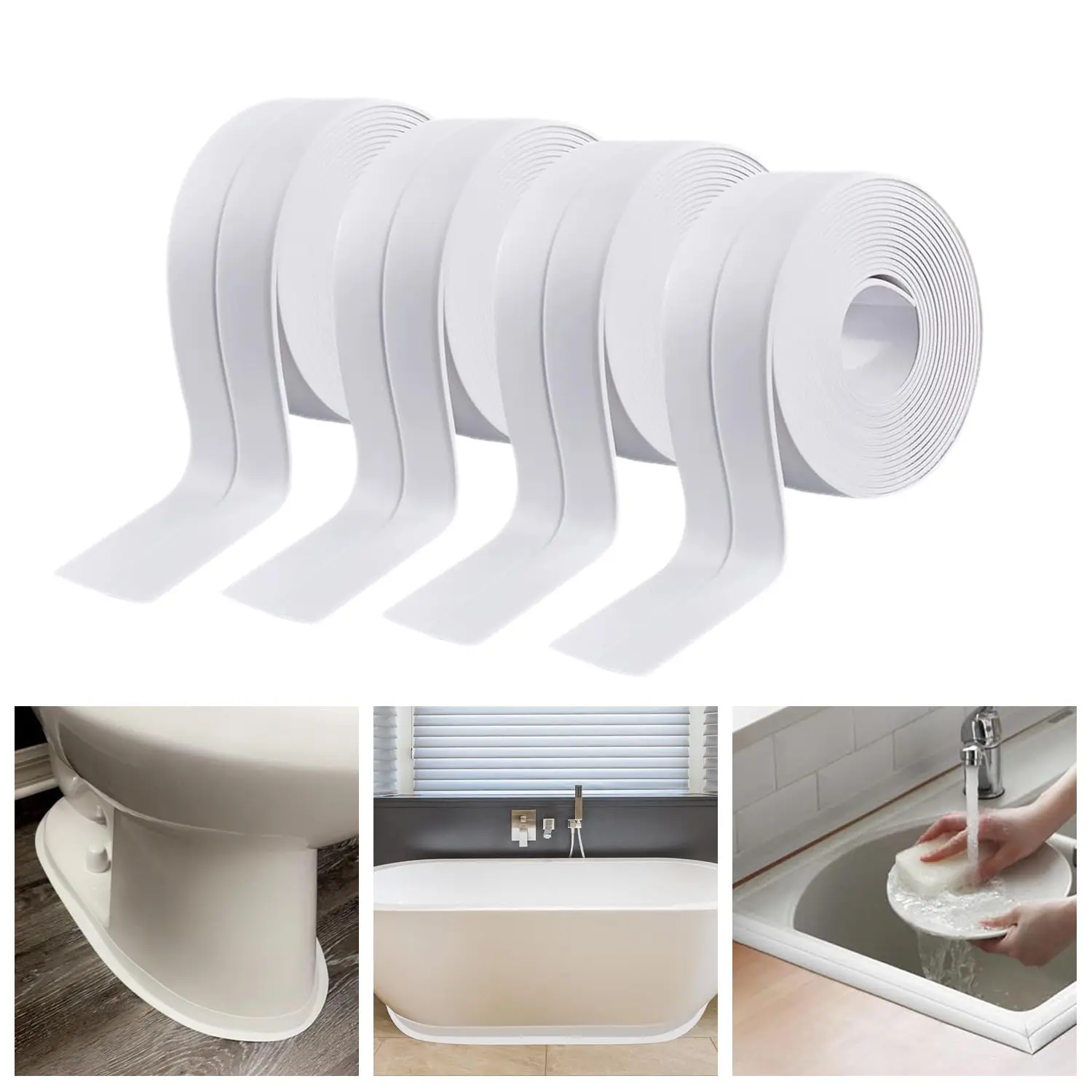 4Rolls Caulk Tape ，Waterproof Self Adhesive, No Mess, No Tools Toilet Caulk Tape | Quick & Easy to Install in Minutes, Strong Adhesive, Floor Wall Edge Protector, Traditional Caulking Replacement